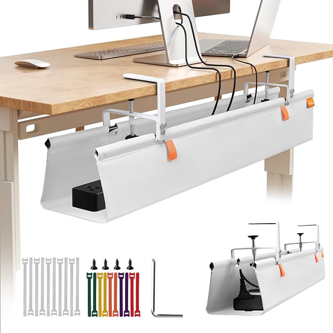 Under Desk Cable Management Tray, No Drill Desk Cord Organizer with Clamp, 48" Fabric Cable Management for Standing Desks Office & Home, White