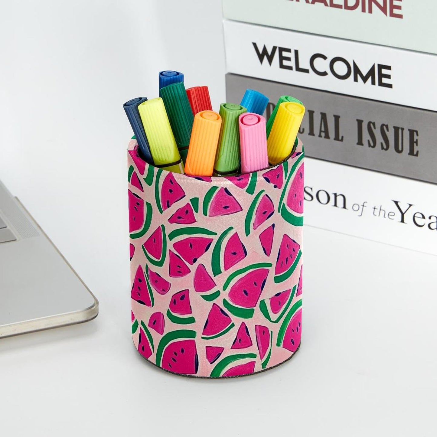 CDGIRUOWUNV Pink Watermelon (3) Pencil Holder, Pencil Cup for Desk, Makeup Brush Holder Cup for Kids Desk Organizer for Office, Classroom, Home