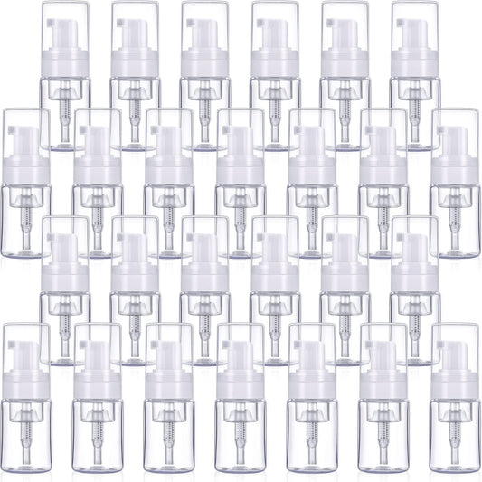 50 Pack Foam Pump 1oz/30ml Refillable Dispenser Travel Size Plastic Mini Bottle for Lash Shampoo, Cleaning, Cosmetics - Portable Clear Foaming Packaging