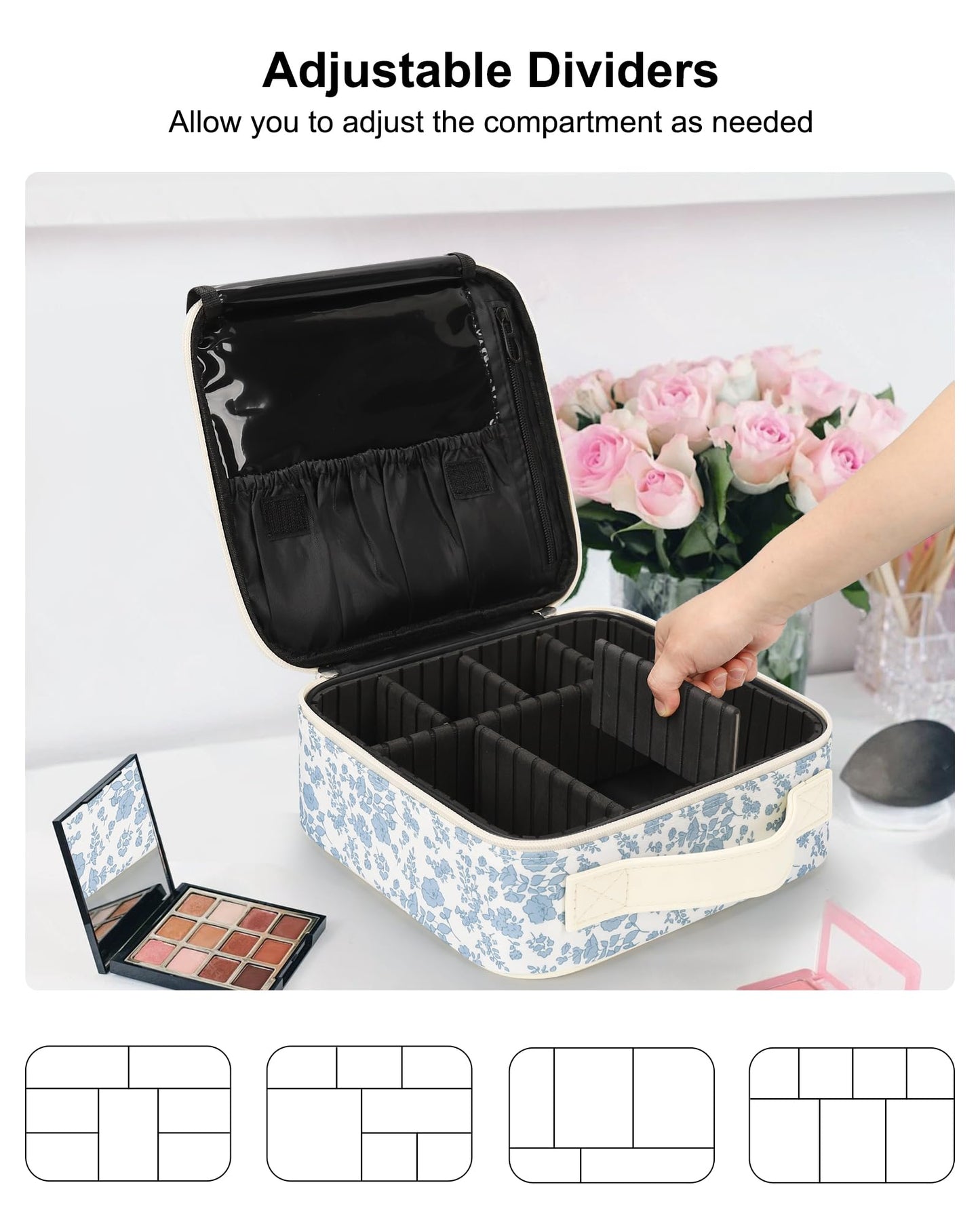 Relavel Travel Makeup Case, Professional Makeup Artist Makeup Bag, Portable Makeup Train Case Organizer with Adjustable Dividers, Cute Cosmetic Bags Birthday Gifts for Girls and Women, Floral Print