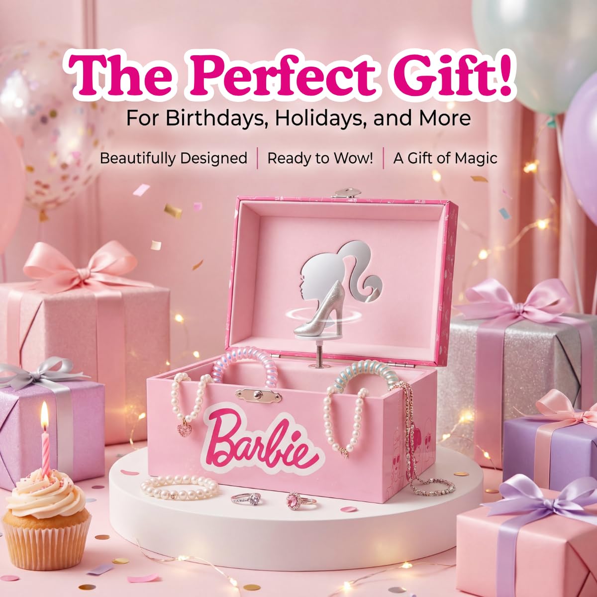 Mini Treasures Barbie Storage Organizer for Accessories Musical Jewelry Box with Spinning Figurine, Barbie Toys for Girls Ages 3-5