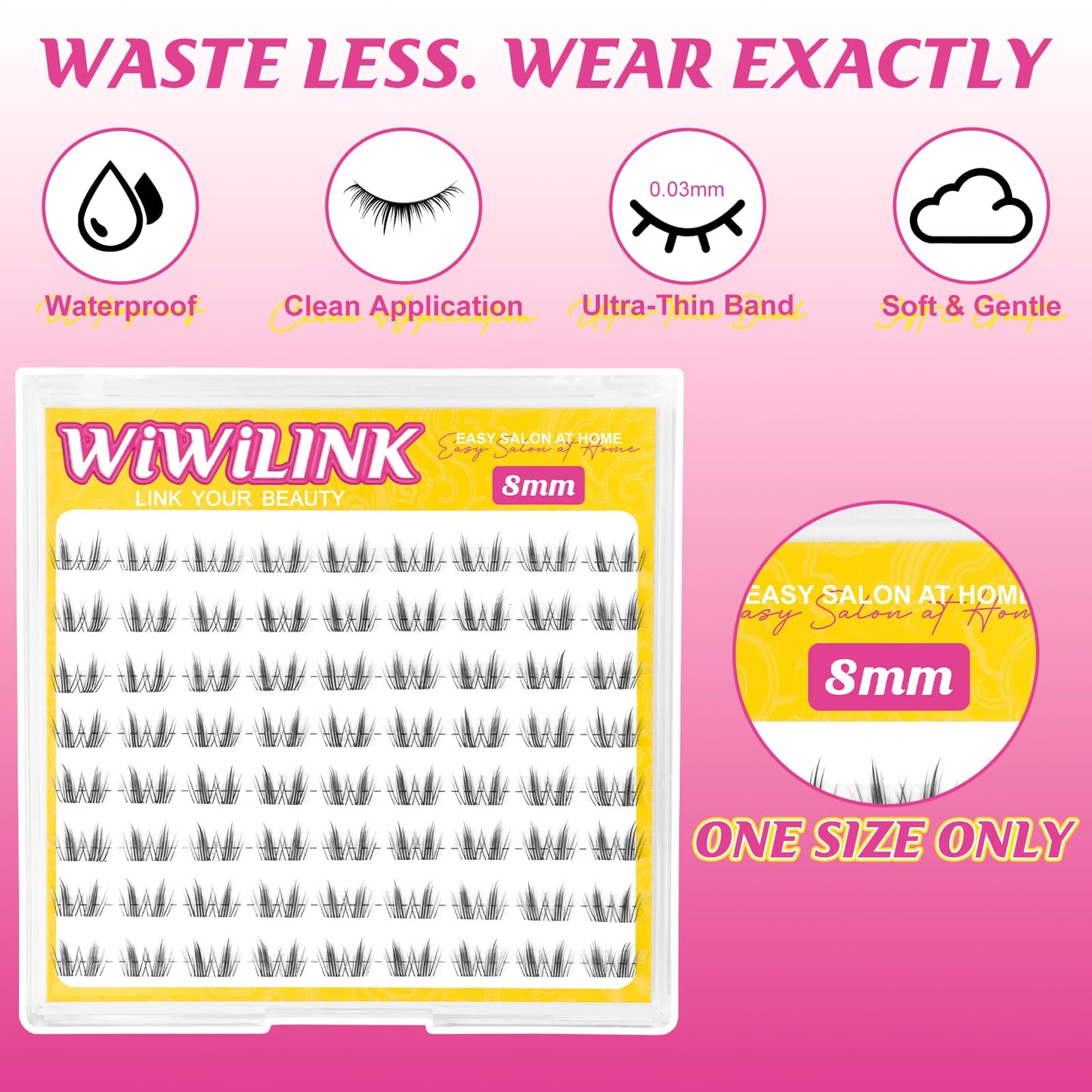 WiWiLINK Natural Lash Clusters, Freya 8mm DIY Wispy Cluster Eyelash Extensions, Thin Clear Band Individual Lashes D Curl Eyelash Clusters