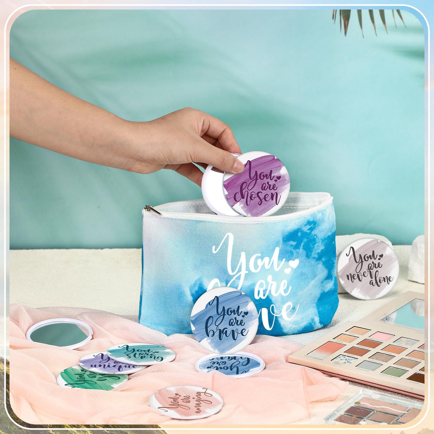 Vercraft 60 Pcs Employee Appreciation Gift for Women Inspirational Canvas Makeup Bag Portable Compact Mirror Bulk Cosmetic Bag Thank You Party Favor for Women Coworker Nurse (Inspiration,Pastel)