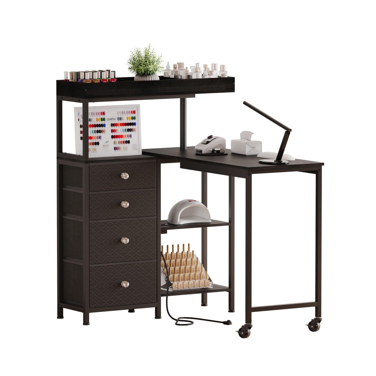 NinPeen L-Shaped Manicure Table with Drawers and Storage Shelves,Rotating Nail Workstation on Wheels with Charging Station,Nail Tablefor Nail Tech,Home,Makeup Beauty Salon (Black)