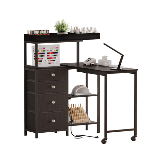 NinPeen L-Shaped Manicure Table with Drawers and Storage Shelves,Rotating Nail Workstation on Wheels with Charging Station,Nail Tablefor Nail Tech,Home,Makeup Beauty Salon (Black)