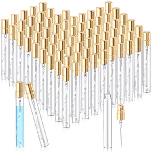 Zhehao 100 Pcs Mini Spray Bottles 10 ml Clear Glass Perfume Bottles Refillable Fine Mist Perfume Atomizer Portable Empty Sample Containers for Cleaning, Essential Oils, Travel (Gold Cap)