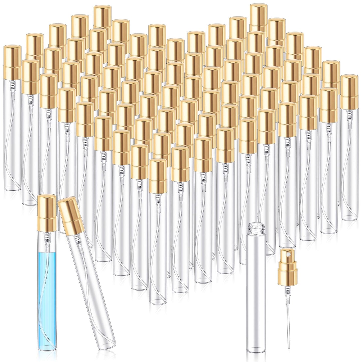 Zhehao 75 Pcs Mini Spray Bottles 10 ml Clear Glass Perfume Bottles Refillable Fine Mist Perfume Atomizer Portable Empty Sample Containers for Cleaning, Essential Oils, Travel (Gold Cap)