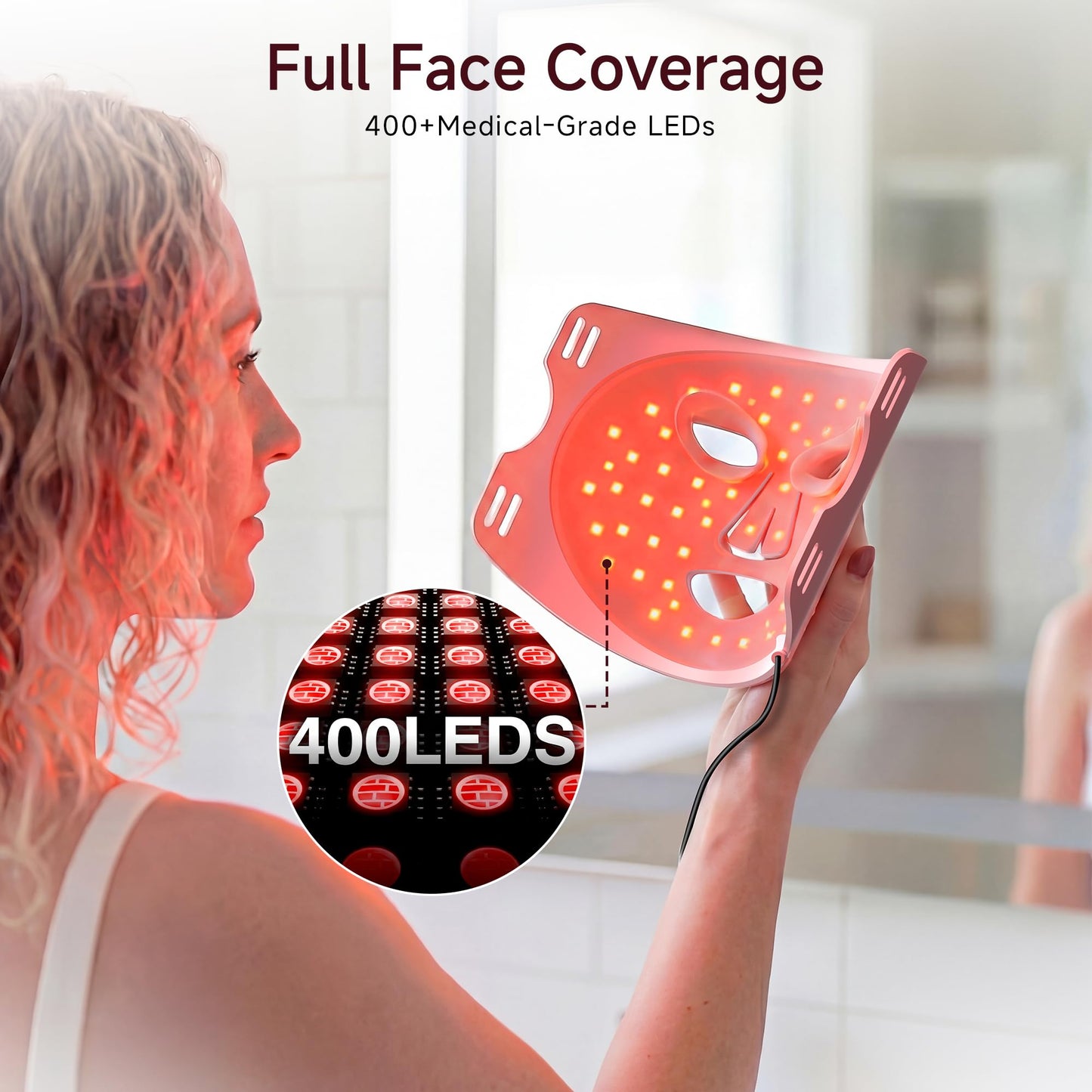 IUH Red Light Therapy for Face, 4 Modes Face Mask Light Therapy with 400 Beads, 850nm Infrared & Red Light Mask, 2000mAh Rechargeable Light Therapy Skin Care at Home&Travel Pink
