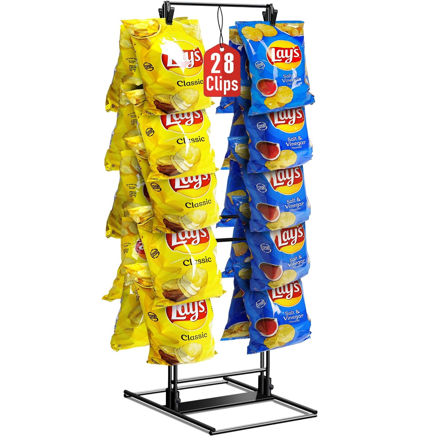 ROSROSE Chip Rack Display Stand, Potato Chip Rack Bag Holder with 28 Clips, 2 Row Chip Display Stand for Party, Black Retail Snack Display for Countertop, Store Concession Stand - 2025 Upgraded