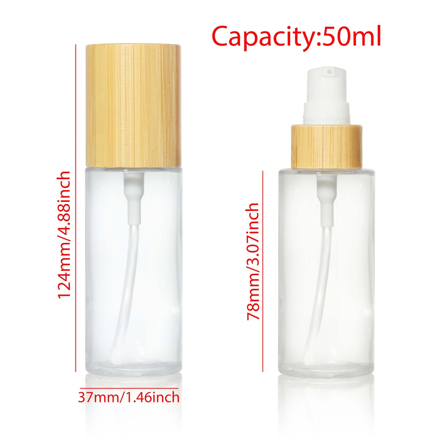 COSIDEA 6 pcs Empty 1.67oz / 50ml bamboo lids Clear glass bottle with lotion pump dispenser, refillable emulsion cosmetic cream Serum bottles, toiletries refill travel container