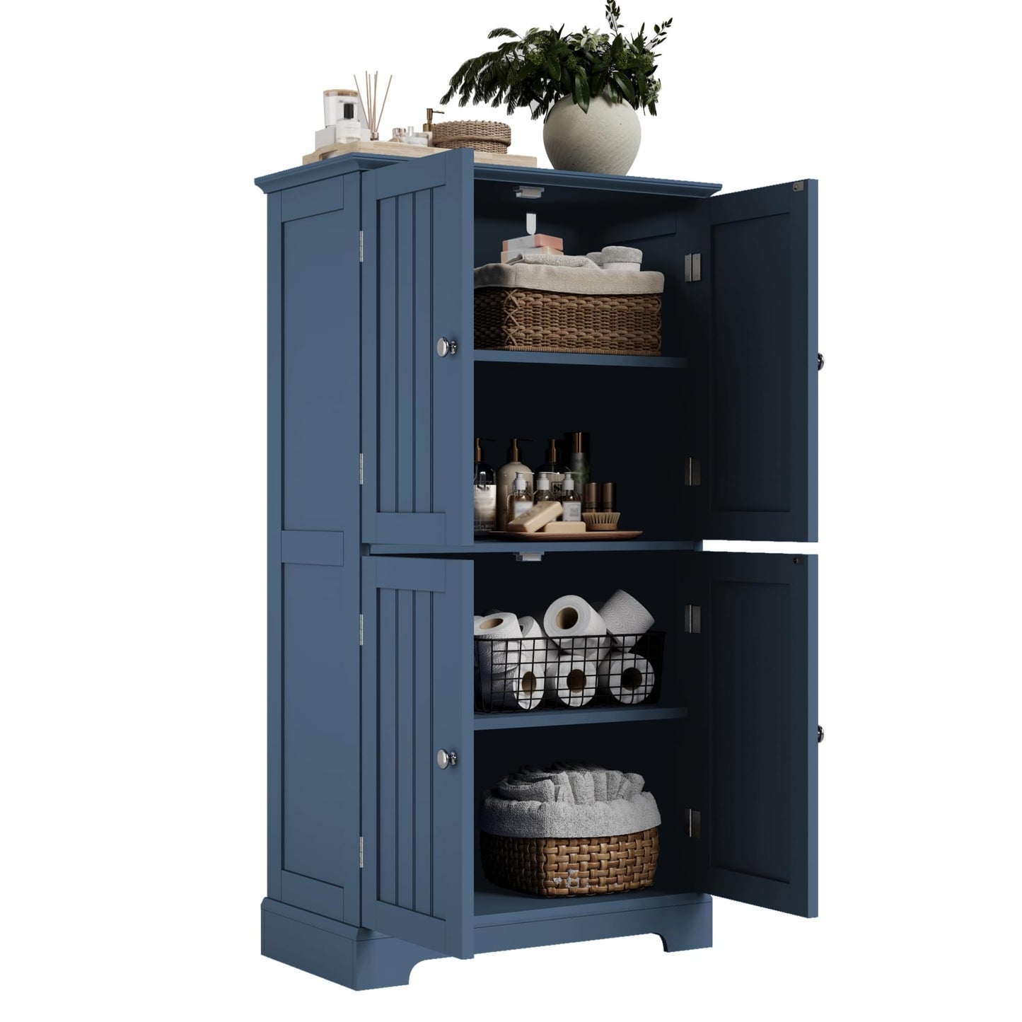 ChooChoo Bathroom Floor Cabinet, Modern Bathroom Storage Cabinet with 4 Doors and Adjustable Shelves, Freestanding Cupboard for Living Room, Blue