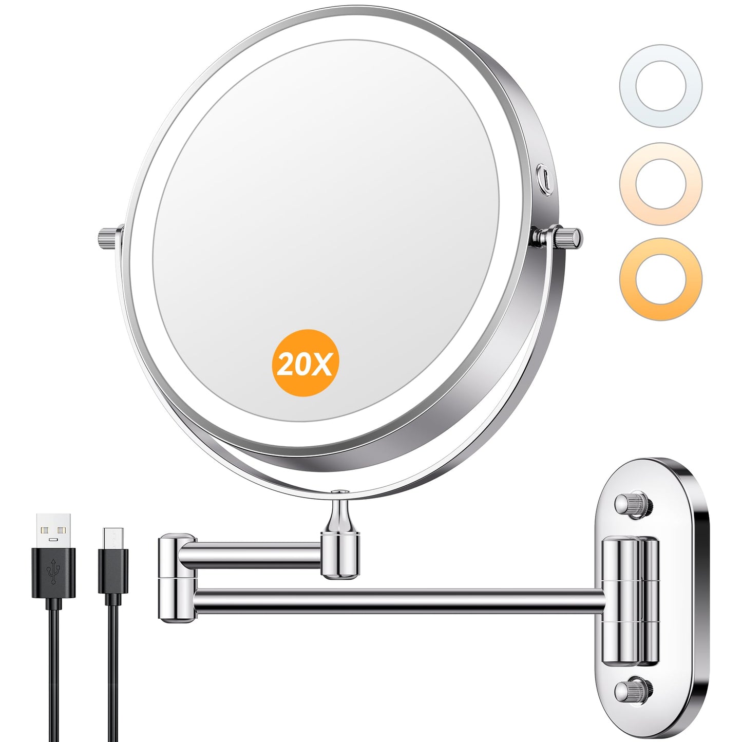 Auxmir 8'' Wall Mounted Lighted Makeup Mirror, 3200mAh Rechargeable Double-Sided 1X/20X Magnifying Mirror with Light, Touch Dimmable 3 Color Light, 360° Rotation Foldable Extended Arm, Chrome
