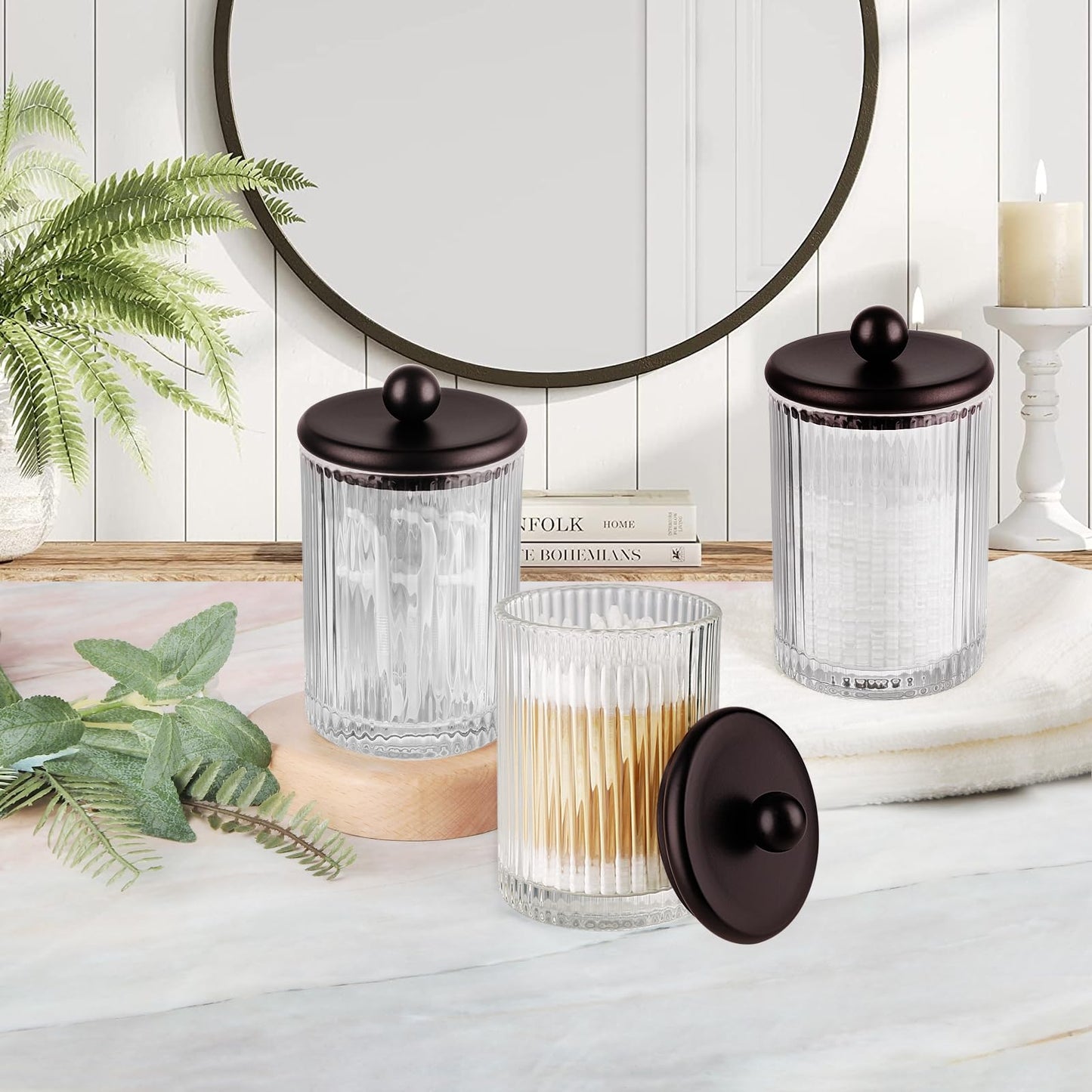 Komashr 3Pack Glass Qtip Holder Dispenser Set - Bathroom Canister Storage Organizer for Cotton Balls, Swabs, Floss Picks, and Makeup Sponges with Matte Black Metal Lid - Clear Vanity Apothecary Jars