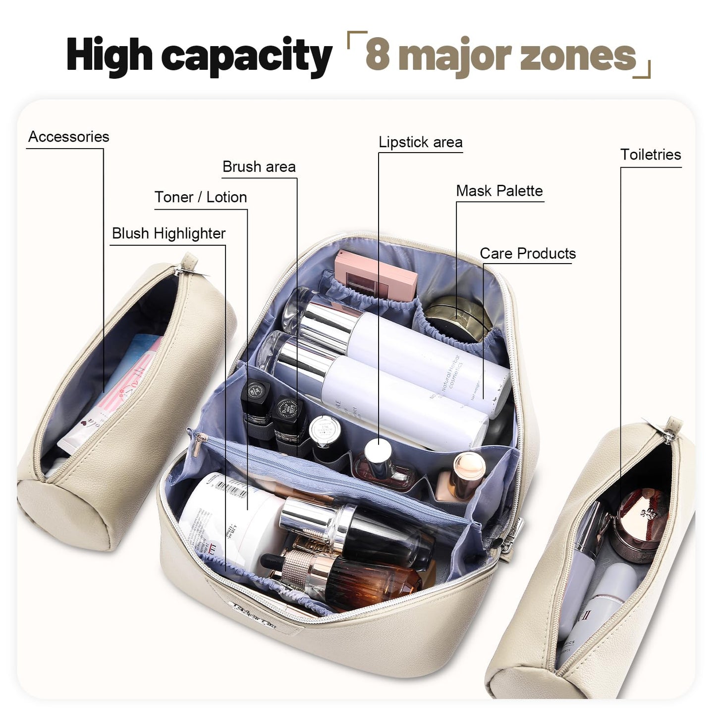BOYATU Travel Makeup Bag Cosmetic Bags for Women: Large Capacity 3 Pcs Set Make up Bag with Compartments - Waterproof Vegan Leather Toiletry Organizer Bags with Handle (L27Off-white)