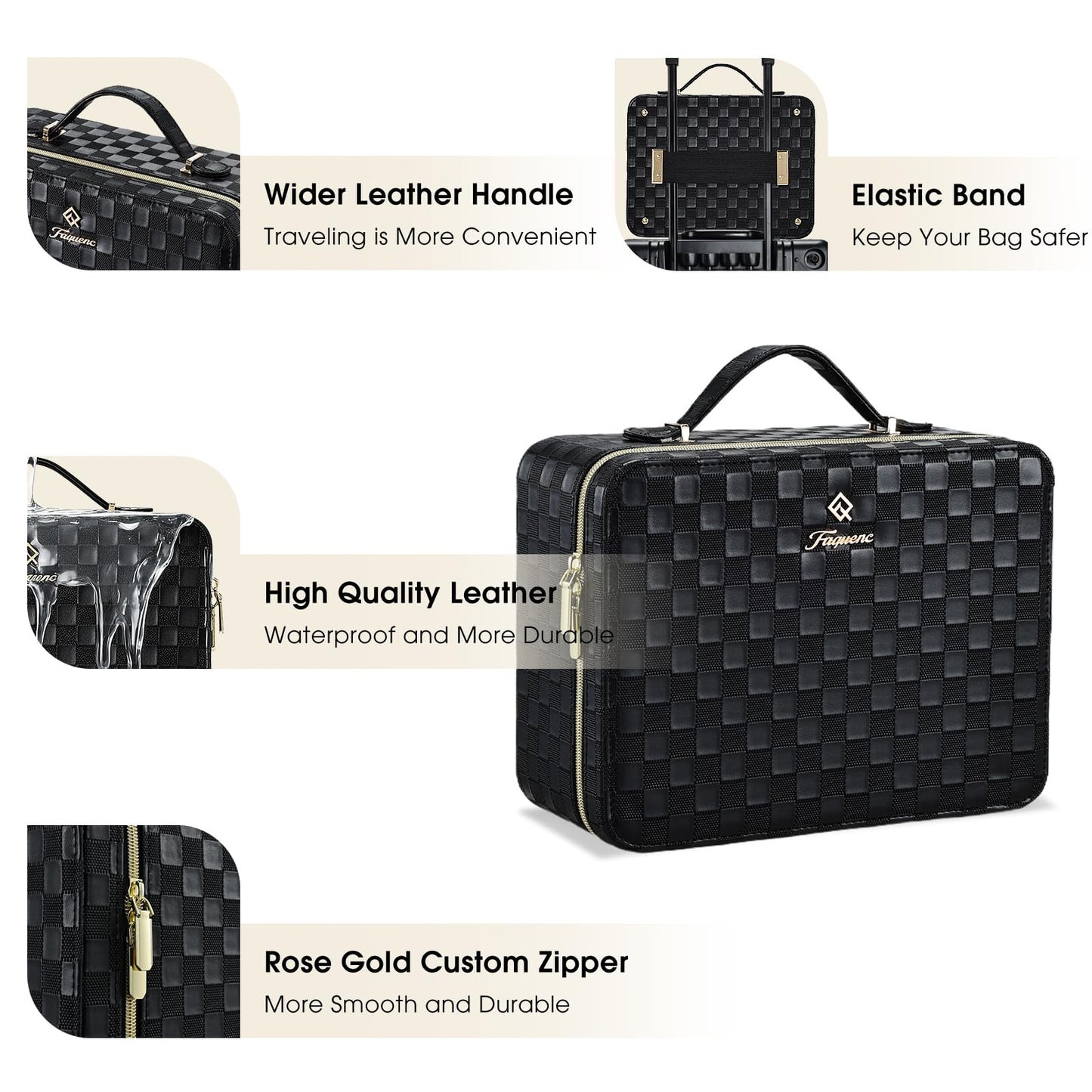 Leather Makeup Case with LED Lighted Mirror 11.4 Inch Travel Makeup Bag Adjustable Brightness in 3 Colors Cosmetic Organizer Artist Storage Bag with Dividers Brush Holder Bag Vanity Black Checkerboard