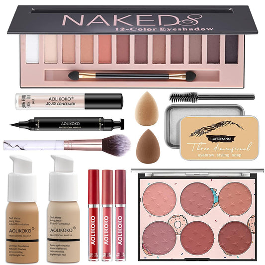 12-Color Pro Makeup Kit for Women - Eyeshadow, Foundation, Lipstick, Blush, Brushes, Eyeliner Stamp