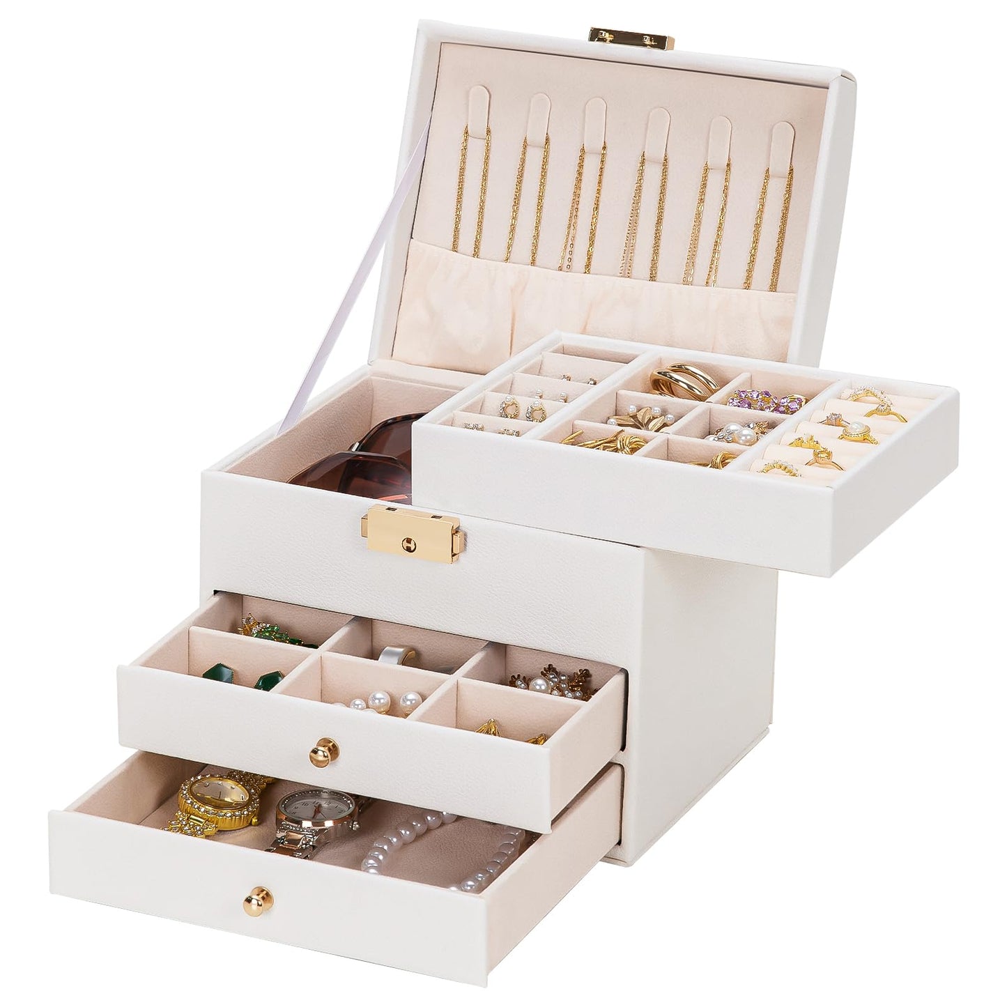 Homde Small Girls Jewelry Box, Cloud White, 3 Layer with Lock