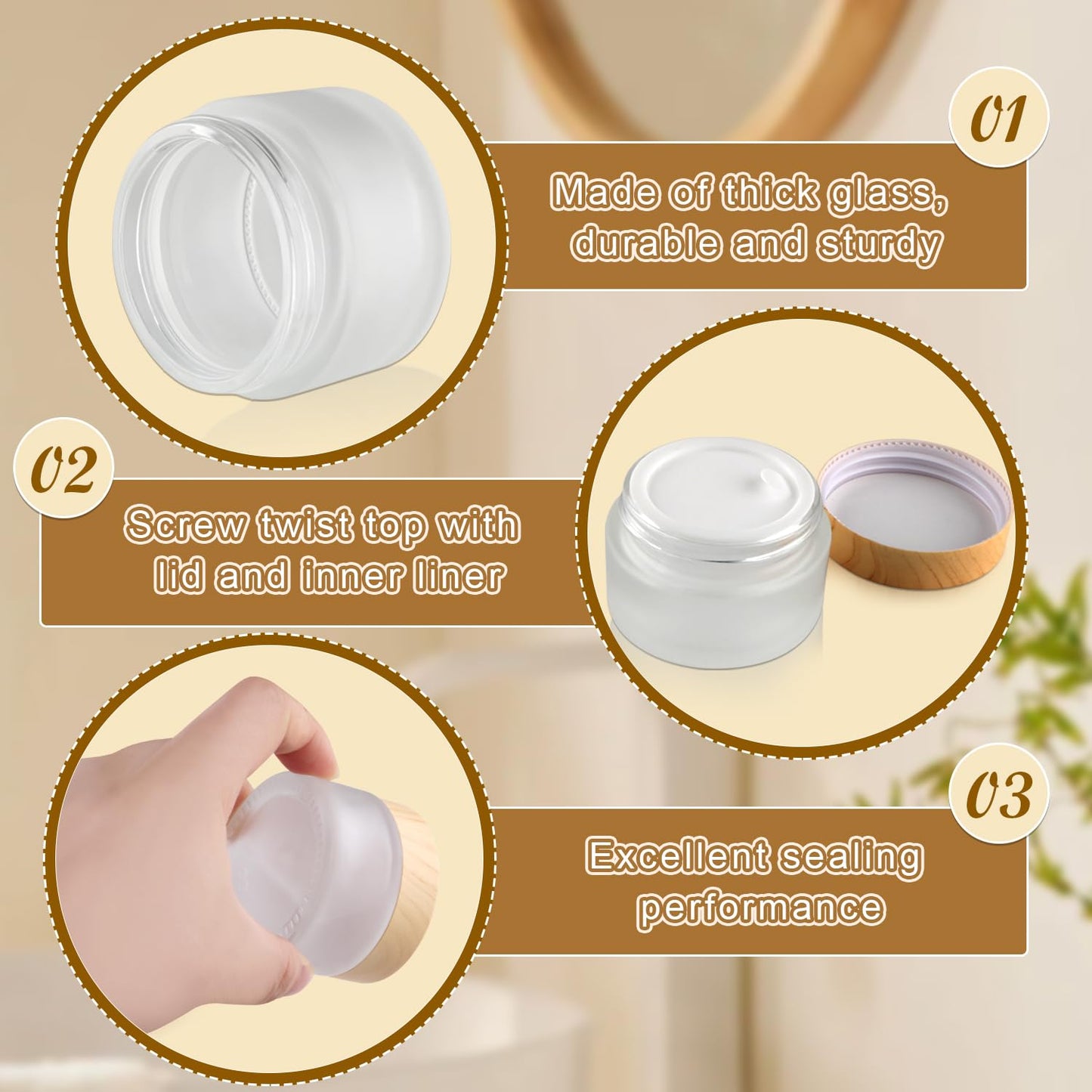 12 Pcs Frosted Glass Cream Jars Refillable Cosmetic Containers Sample Jar with Plastic Wood Grain Lids for Lotion Cream Eyeshadow - 30g/1oz