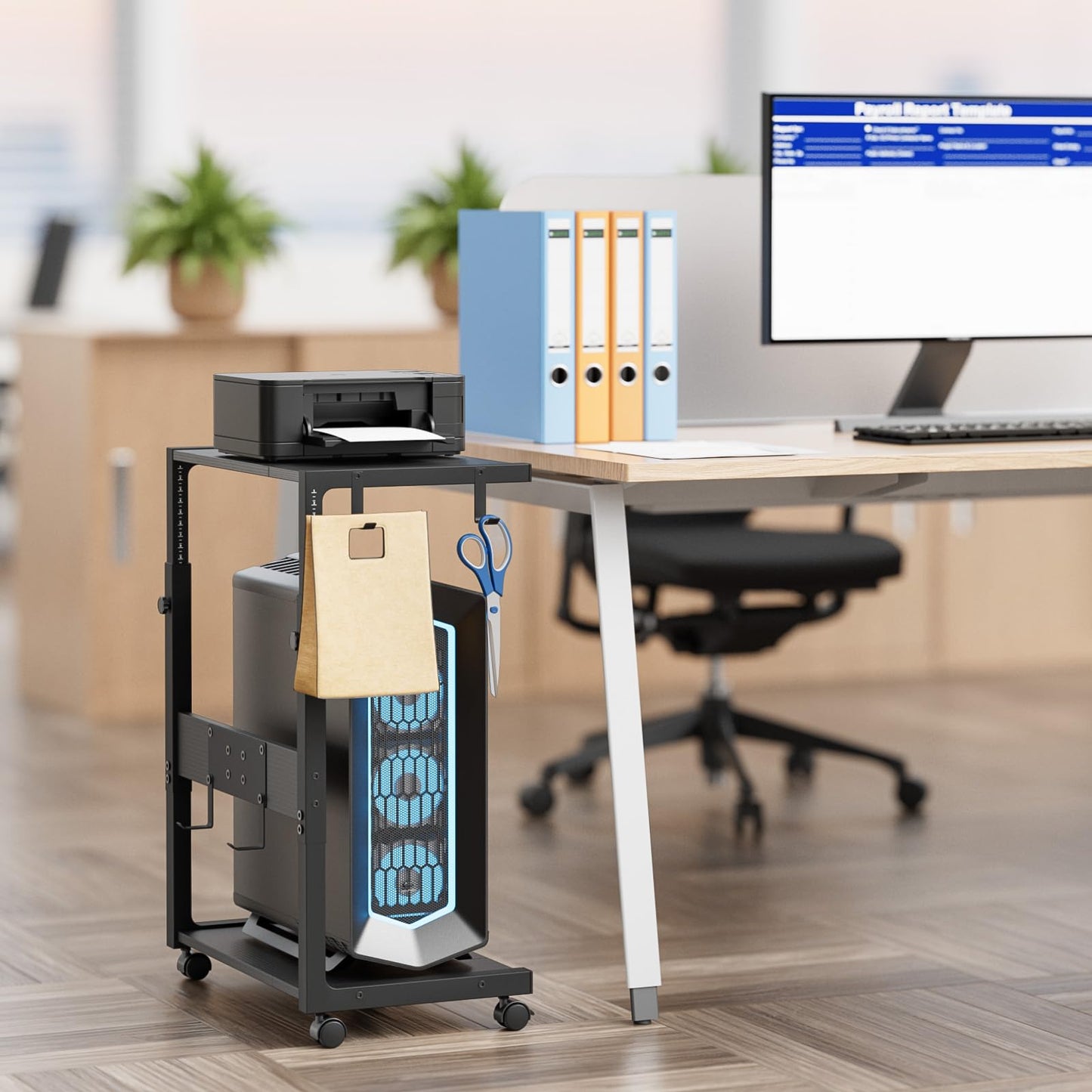 JANE EYRE Computer Tower Stand - Adjustable PC Tower Stand CPU Holder Cart with Charging Station for Office Home Classroom,23.03"-28.3" H, black