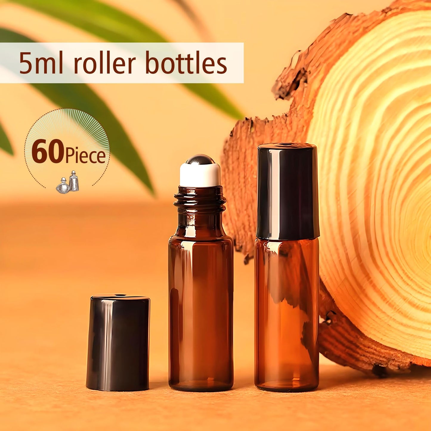 Matifaner 60 Pack 5ml Amber Glass Roll on Bottle For Essential Oils,Perfume Vial with Stainless Steel Roller Ball,Black Caps Mini Sample Vials Cosmetics Small Container (roll-5ml)