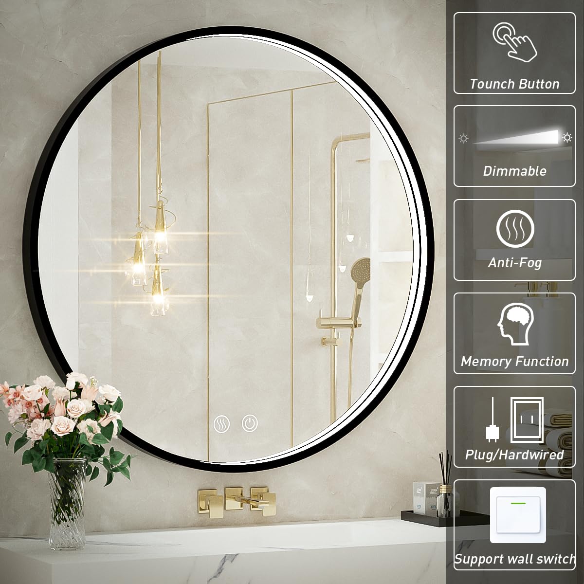 FTOTI 36" Round LED Bathroom Mirror, Dimmable Anti-Fog Vanity Mirror with Touch Control, 6000K Natural Light, Black Metal Frame, Wall Mounted for Makeup Shaving (IP54, 90+ CRI)