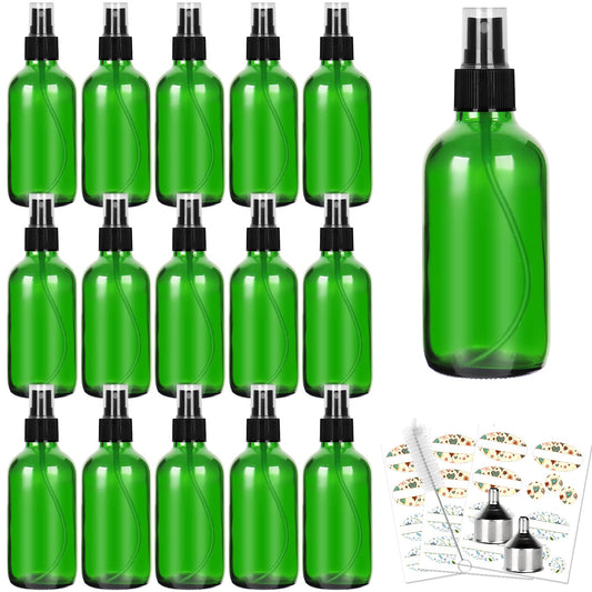 CycleMore 120ml 16 Pack 4oz Green Glass Spray Bottles with Fine Mist Sprayers, Glass Travel Bottles for Cosmetic, Essential Oils, Cleaning Solutions, Perfumes & More Liquids Ideal for Friends