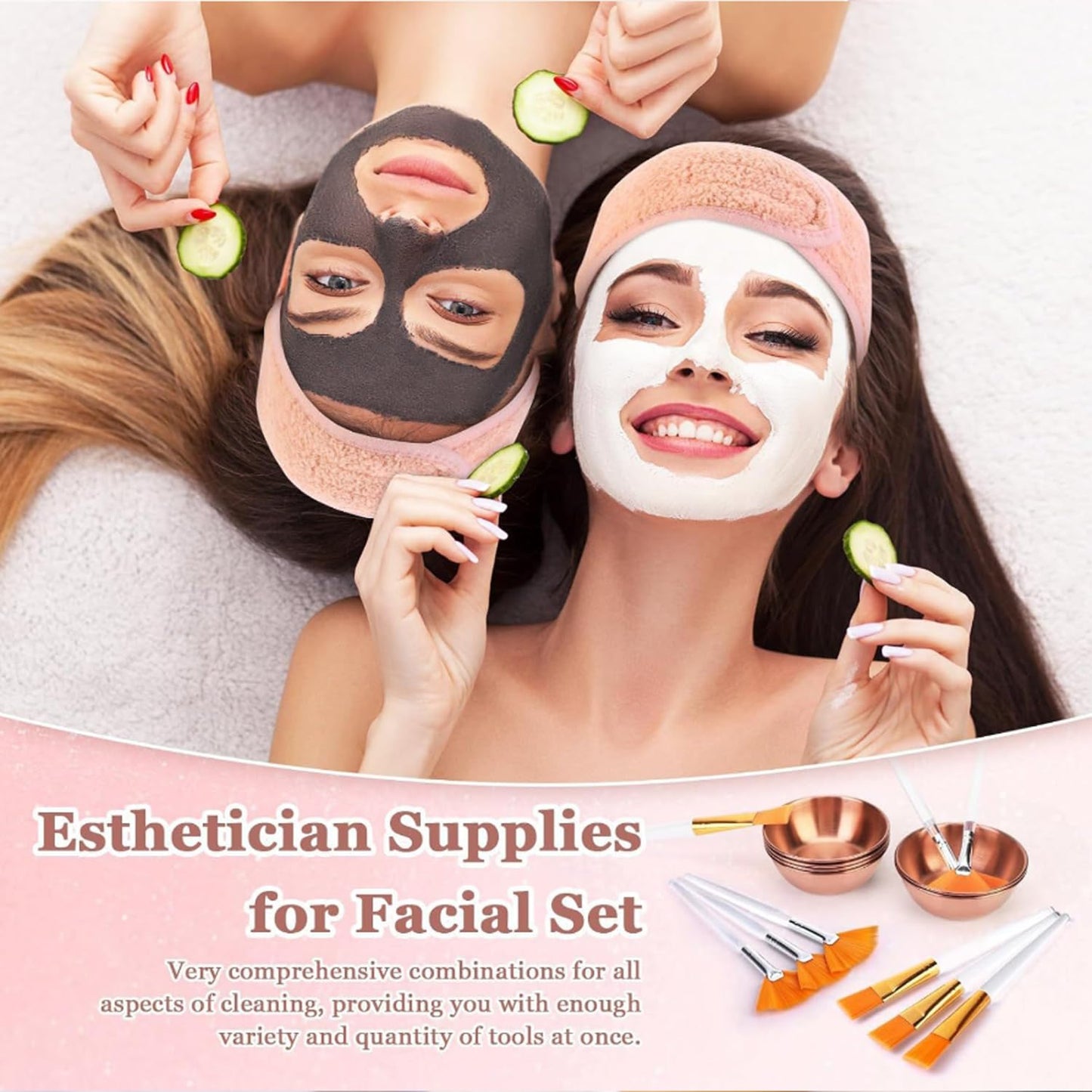 25 Pcs Esthetician Facial Supplies Set Stainless Steel Gold Mixing Bowls Silicone Brush,Fan Brushes Skincare Tray Serving Tray Compressed Sponges Spa Headbands for Women Mask Spa Body Skincare