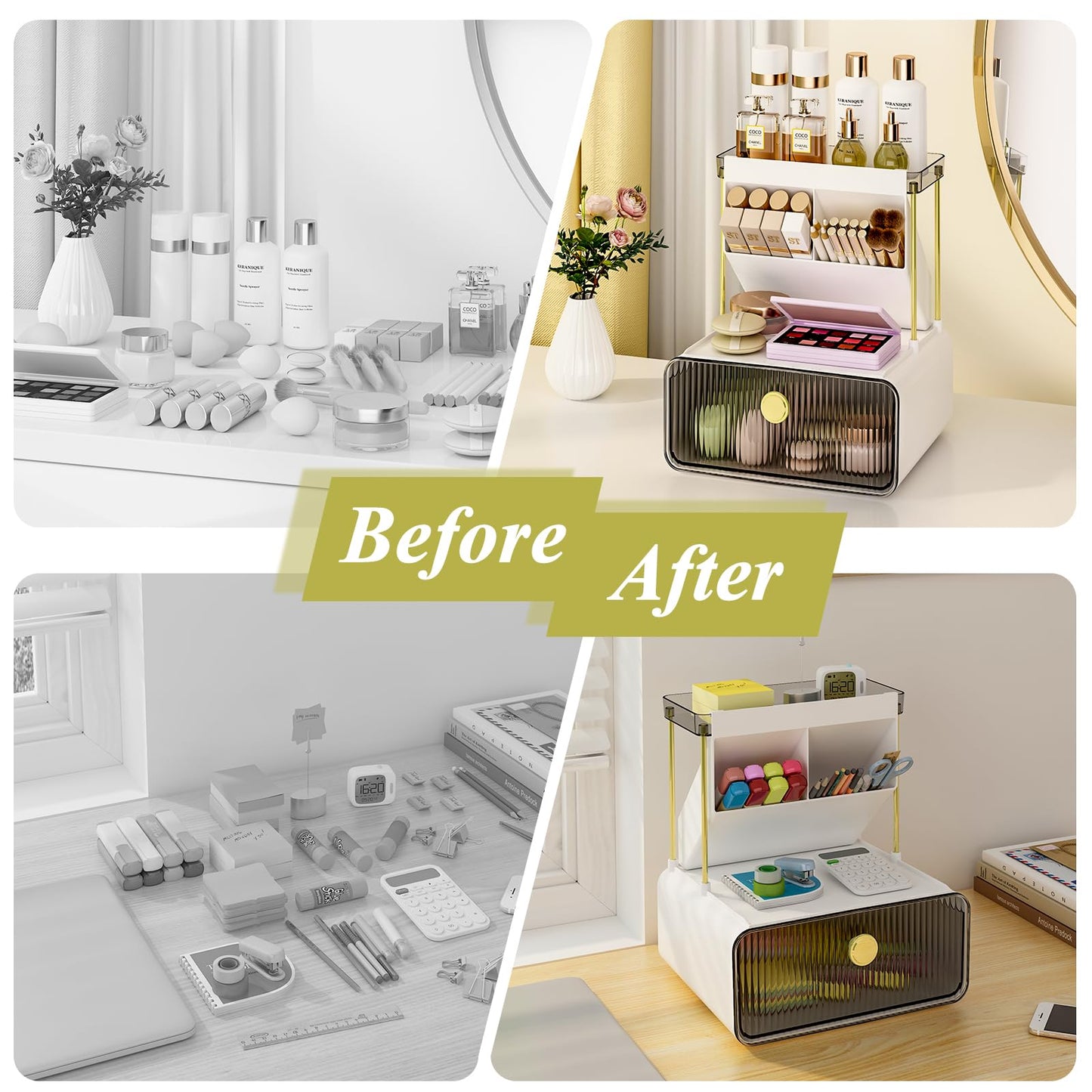 FOLLOWIN Bathroom Counter Organizers and Storage with Drawer, Cosmetic Organizer with Make Up Brush Holder, Perfume Makeup Shelf, 3-Tier Vanity Storage, Smoke Gray