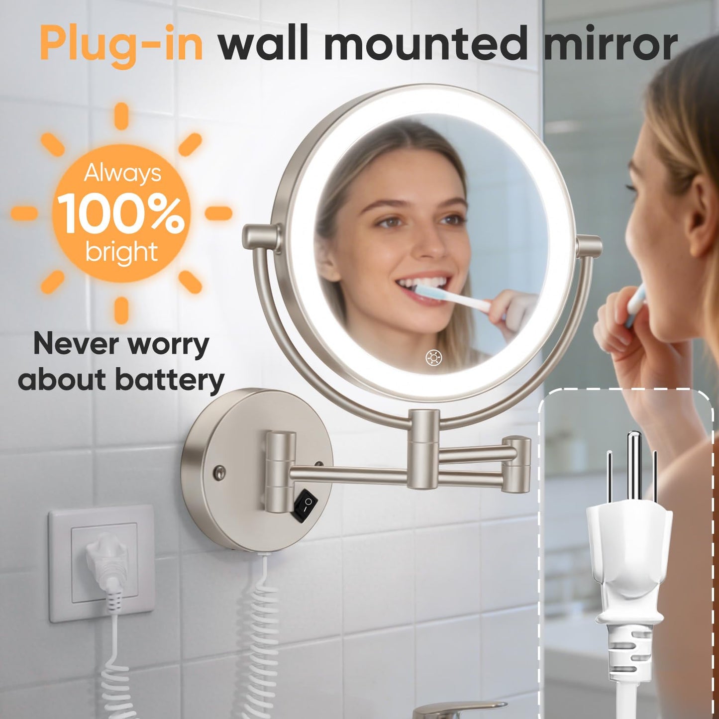 FUNTOUCH 1X/30X Wall Mounted Lighted Makeup Mirror,AC Plug in Powered Double Sided Magnifying Bathroom Mirror with Lights,3 Color Lights Mode,Touch Dimmable,Extended Arm 360 Rotation Light up Mirrors