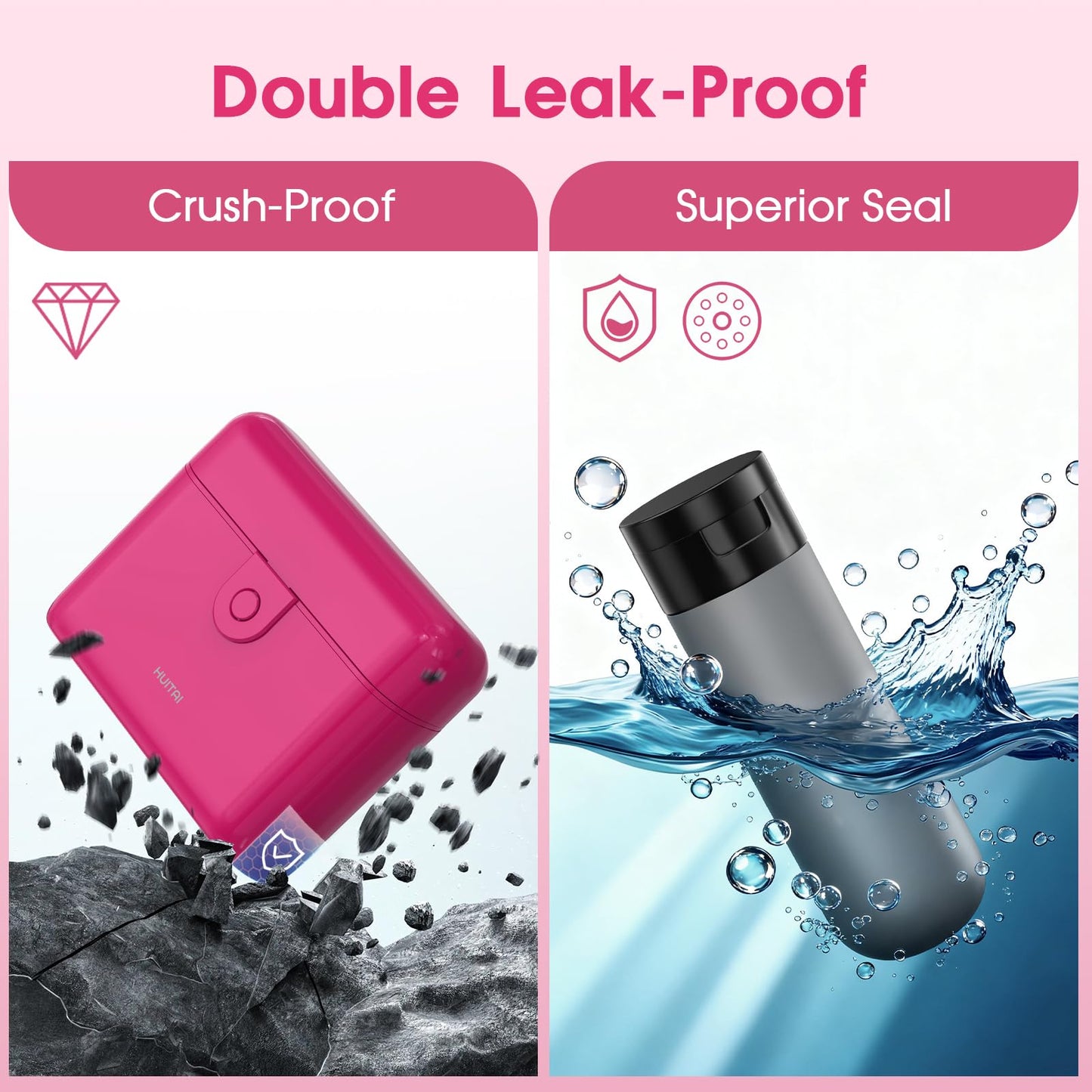 HUITAI Travel Bottles with Case, 4x2oz TSA Approved, Leak-Proof, Press to Unlock, Compact & Portable Travel Toiletries (Hot Pink)