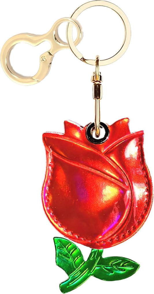 Leather Keychain Holder Case Compatible with AirTag,Cute Protective Shiny Charm Cover with Keyring,Anti-Scratch Finder GPS Tracker Case for Wallet Keys,Bag,Pets(Red Rose)
