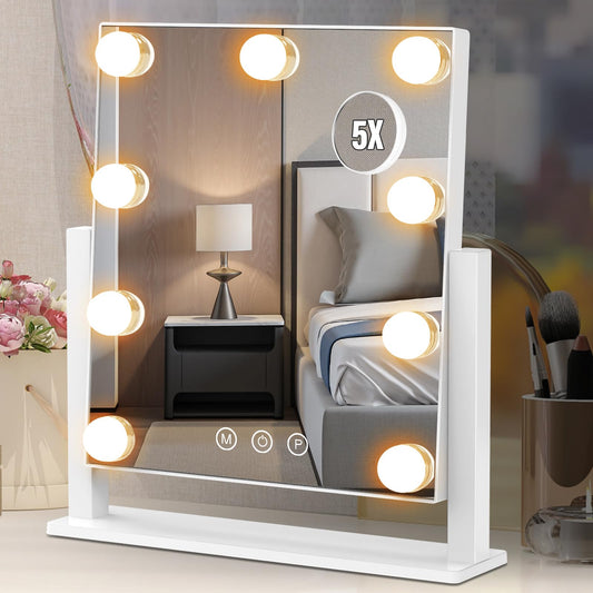 Dirket Vanity Mirror with Lights, Hollywood Lighted Makeup Mirror with 3 Color Lighting Modes and 9 Dimmable Bulbs, Detachable 5X Magnification, Smart Touch Control, 360°Rotation, White