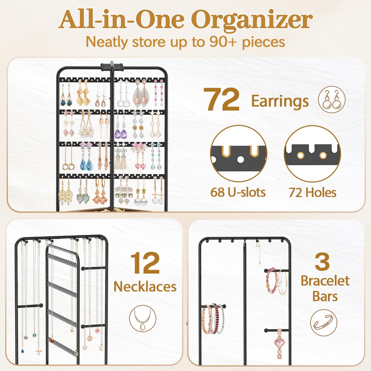 MODOWEY Earring Necklace Holder Organizer Jewelry Stand, Wood Rotating Display Tree for Vendor Selling, Tiered Tower Rack for Pierced Stud Bracelet 90+ Pieces Storage, Easy Access for Women, Black