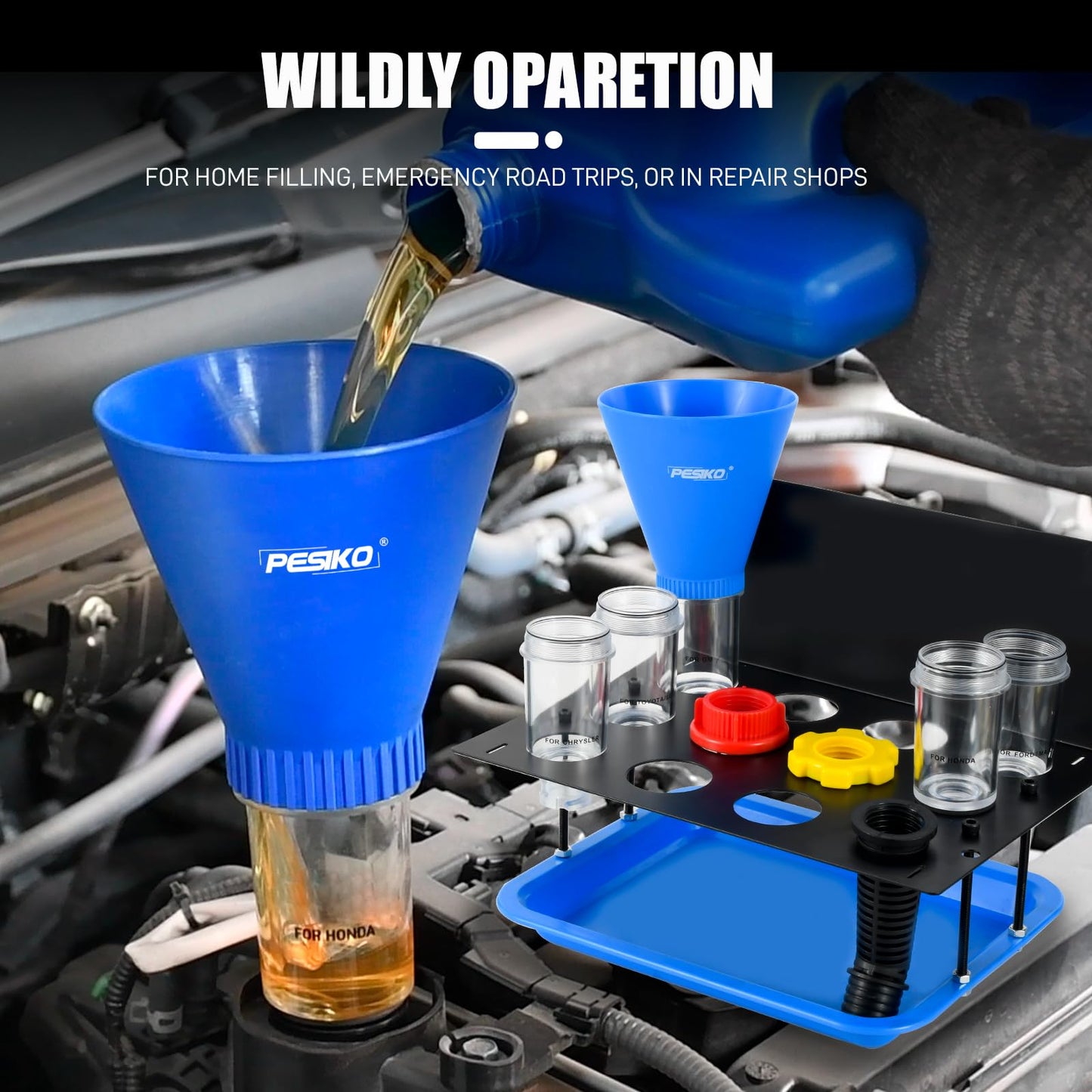 PESIKO Engine Oil Funnel Kit, No Spill Oil Change Funnel Kity with A Fixed Metal Storage Shelf Compatible with Toyota, GM, Honda, Subaru, Ford, Jeep and European, Etc