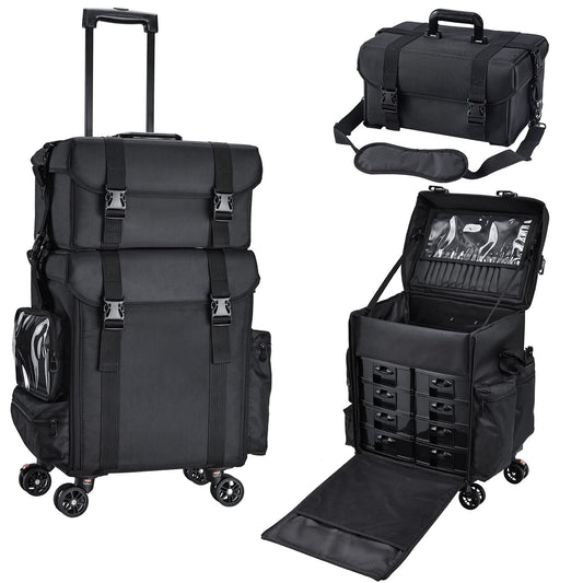 Stagiant Professional Rolling Makeup Case Soft Sided Cosmetology Organizer Wheeled Nylon Train Case Portable Travel Supply Station for Makeup Artist Nail Technician Hair Stylist Crafters