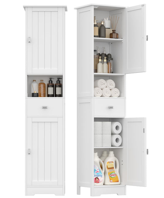 Akxoml Tall Bathroom Storage Cabinet with 2 Doors, 67" H Narrow Floor Cabinet with Adjustable Shelves and Drawer, Anti-Tip Design, 11.0 x 12.6 x 66.9 Inches, for Bathroom, Kitchen，Entryway, White