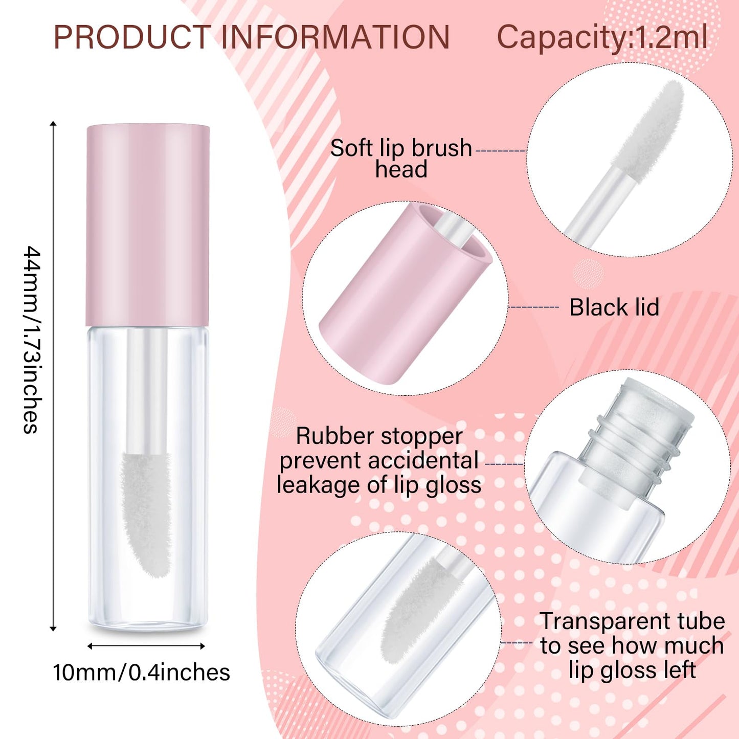 Patelai 100 Pieces 1.2 ml Empty Lip Gloss Tubes Refillable Mini Lip Balm Gloss Containers for Different Samples Travel Split DIY Makeup, Pink
