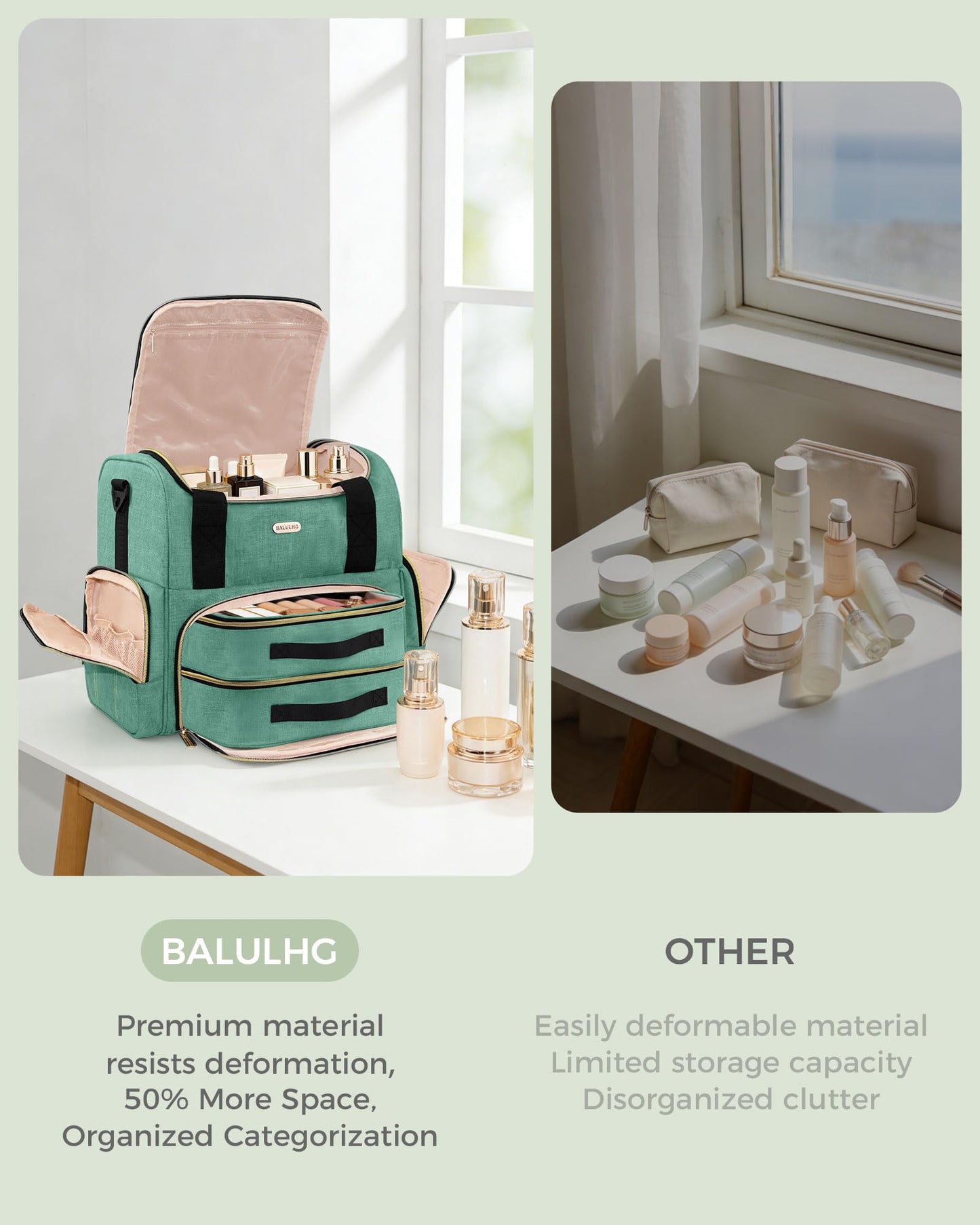 BALULHG Large Travel Makeup Bag with 2 Removable Cases, Cosmetic Bag with Multiple Storage Sections, with Multiple Storage Sections,Double Layer Big Travel Make Up Organizer Case,Travel Toiletry Bag