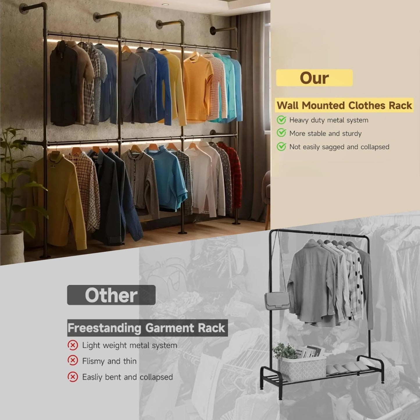 KADIGANG Industrial Pipe Black Clothing Racks Wall Mounted, Rustic Industrial Pipe Clothes Rack Design - Stylish & Heavy Duty Corner Garment Racks, Perfect for Home or Retail Display