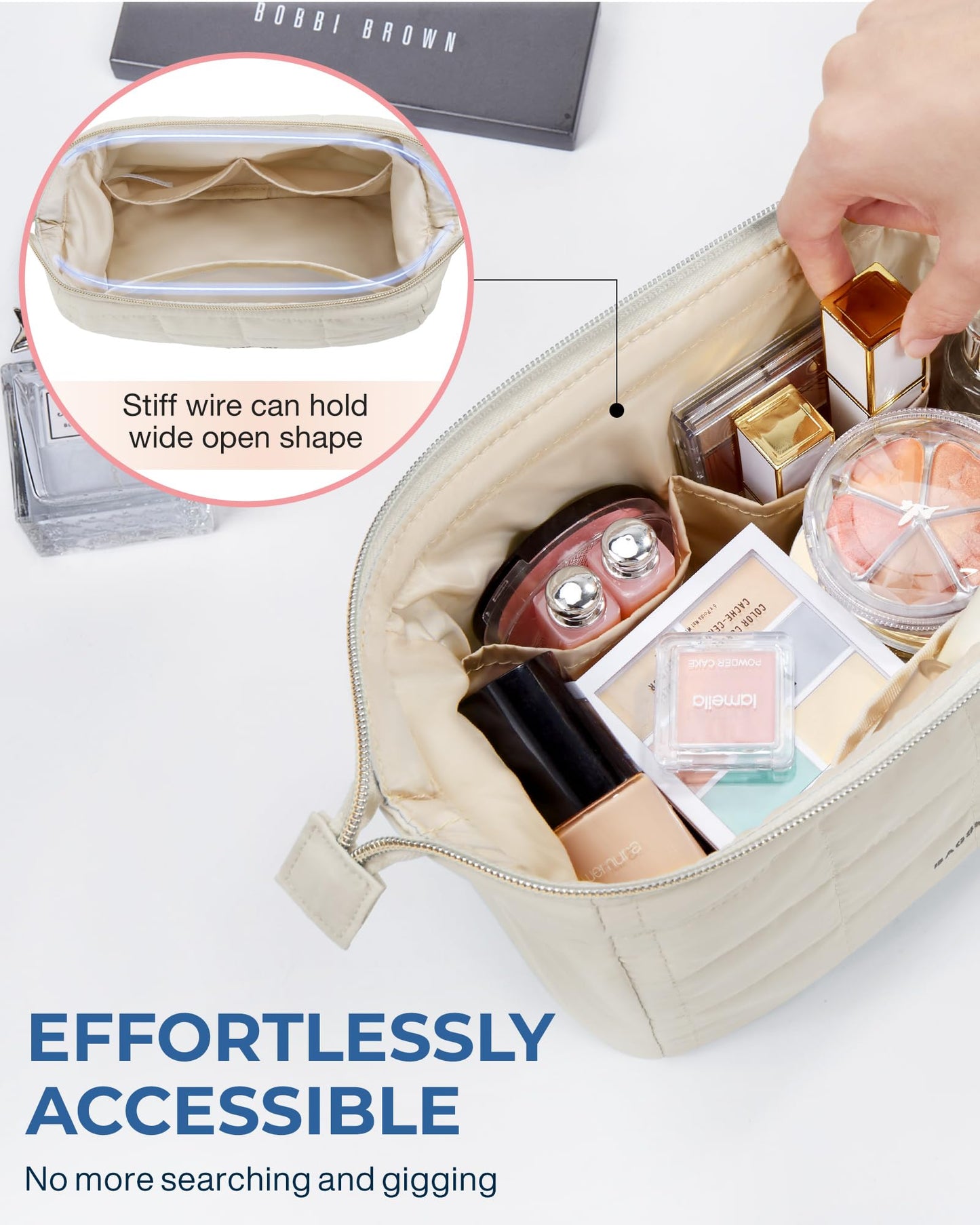 BAGSMART Makeup Bag Cosmetic Bag Wide Open, Beige, M, Wide-open Travel Makeup Bag With Puffy Padded and Rectangular Quilted
