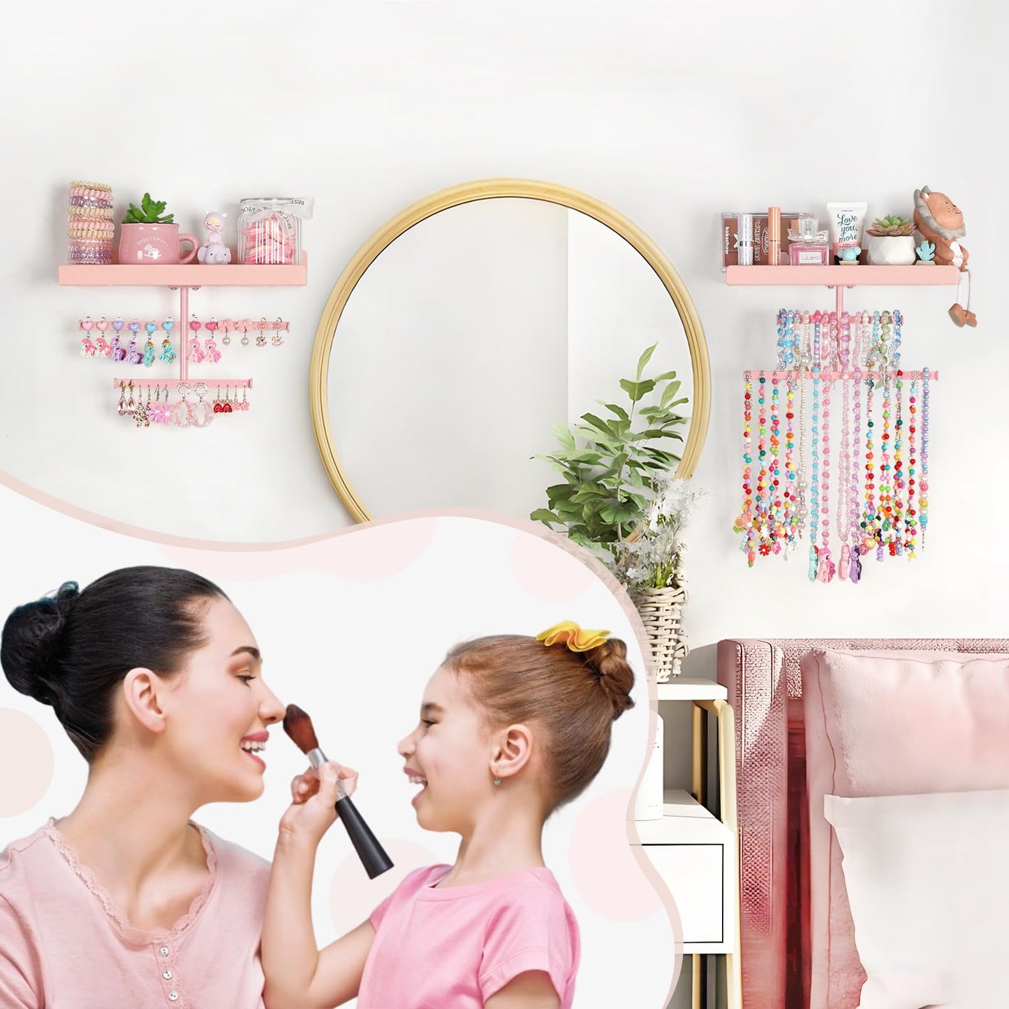 Keebofly Jewelry Organizer Wall Mounted Hanging with Wooden Shelf for Kids, Girls, Teens, Jewelry Holder Storage Display for Earring, Necklace, Bracelet, Bow, Pink, (Patented)