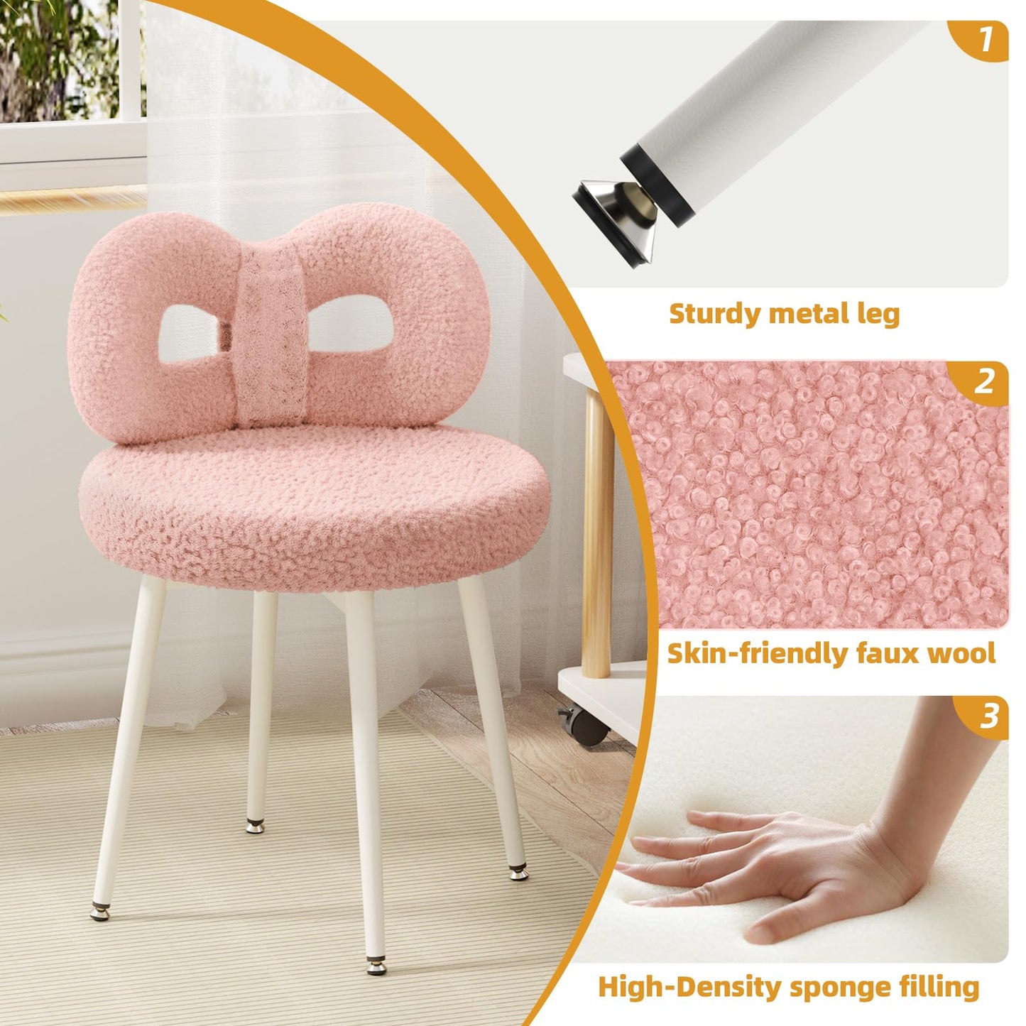ROOMTEC Swivel Vanity Chair with Back, Upholstered Desk Chair for Girls, Modern Makeup Vanity for Bedroom, Living Room (Pink)