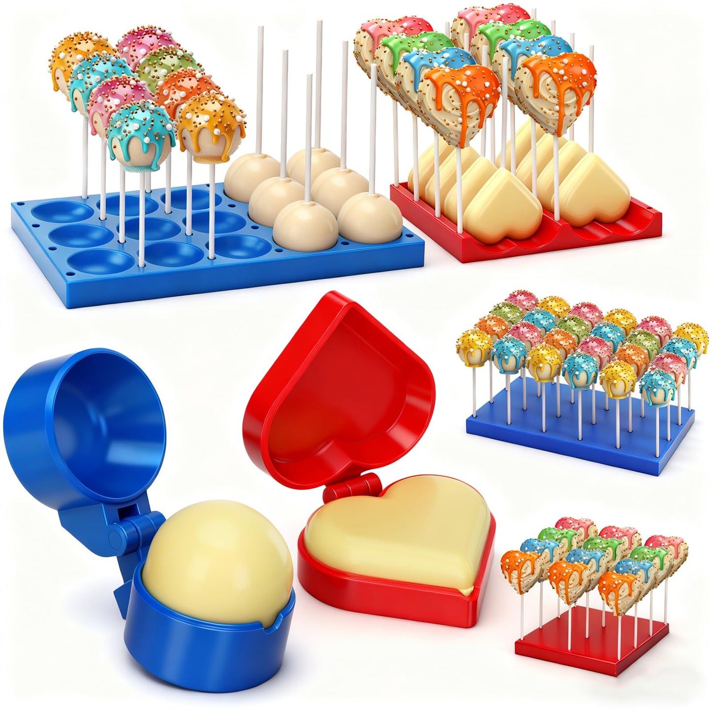 Yiyiring 2 Pack Round and Heart Cake Pop Mold Press Set with Display Stand-capable Tray, Circle Cake Pop Cutter and Pusher, Baking Tools Accessories for Home Baking, Parties, Wedding Desserts