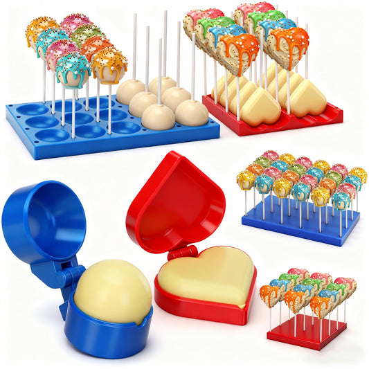 Yiyiring 2 Pack Round and Heart Cake Pop Mold Press Set with Display Stand-capable Tray, Circle Cake Pop Cutter and Pusher, Baking Tools Accessories for Home Baking, Parties, Wedding Desserts