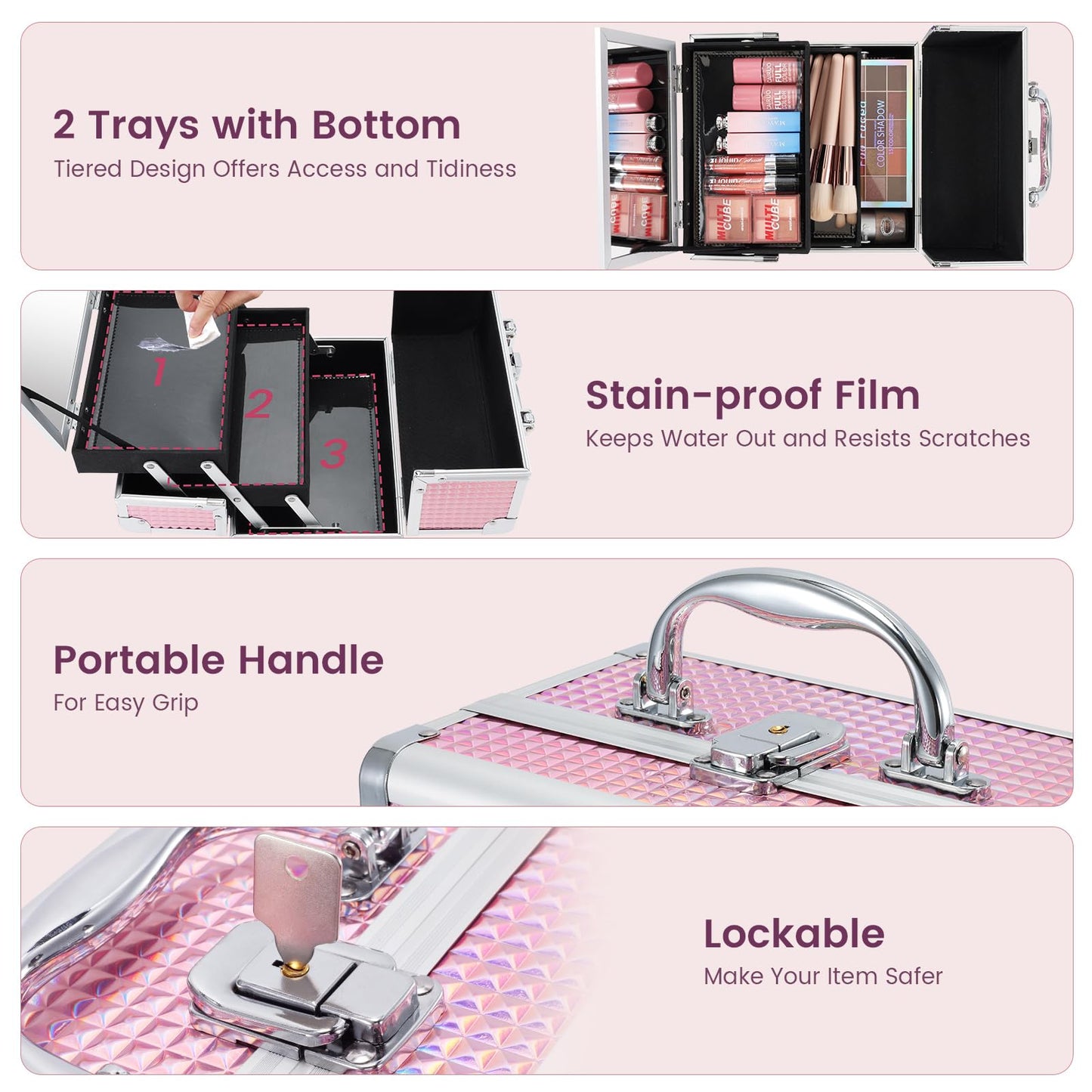 FRENESSA Makeup Train Case Makeup Box Organizer Portable Cosmetic Travel Case Makeup Case with Mirror Locking Make Up Cases Organizers and Storage for Nail Supplies Hard Cosmetic Box Shiny Pink
