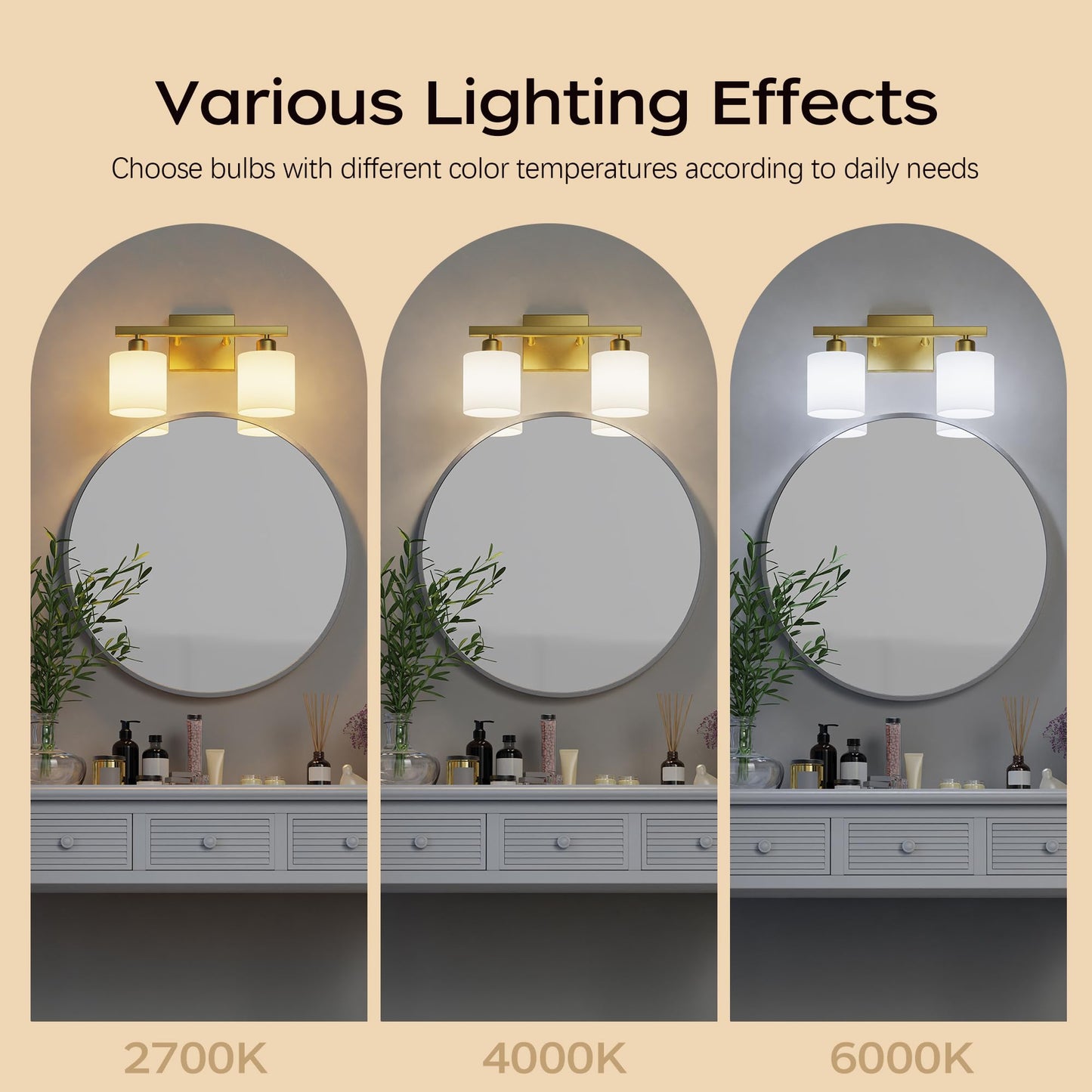 PARTPHONER Bathroom Light Fixtures, Bathroom Lighting Fixtures Over Mirror, Interior Classic Vanity Lights, Modern Vanity Light with Textured White Glass Shade, Brushed Gold, 2-Light