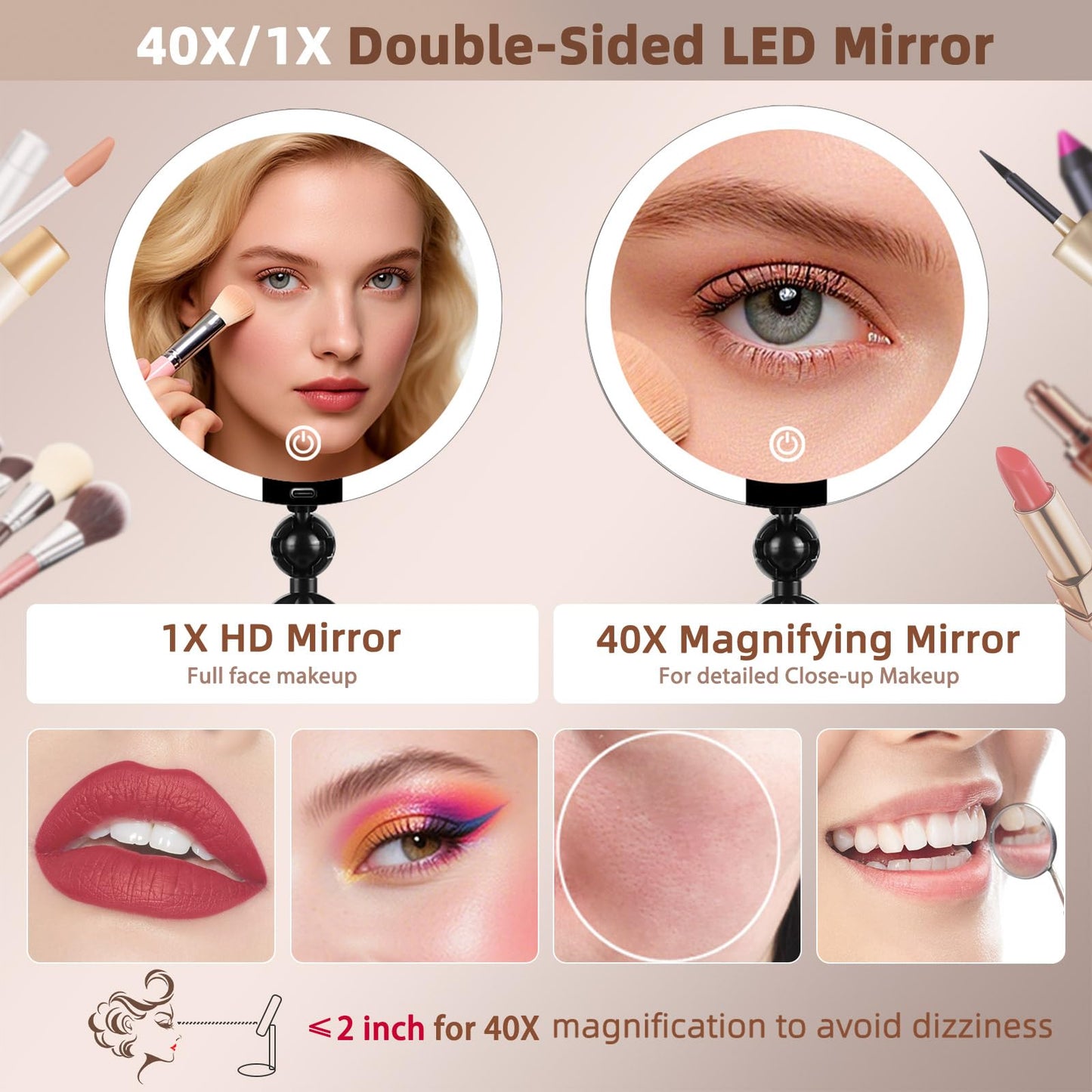 Travel Makeup Mirror with Lights,6" Portable Lighted Vanity Mirrors for Desk/Travel,1X+40X Double Sided Dimming LED Mirror with Adjustable Foldable Stand,Powerful Magnifying Only for Details Checking
