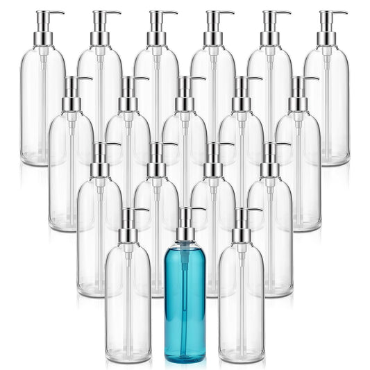 Domensi 18 Pcs 16 oz Clear Plastic Soap Dispenser Bottles with Pump, Refillable Foaming Soap Dispenser, Portable Shampoo Cylinder Bottles for Lotion, Shampoo, Kitchen, Bathroom & Travel Use