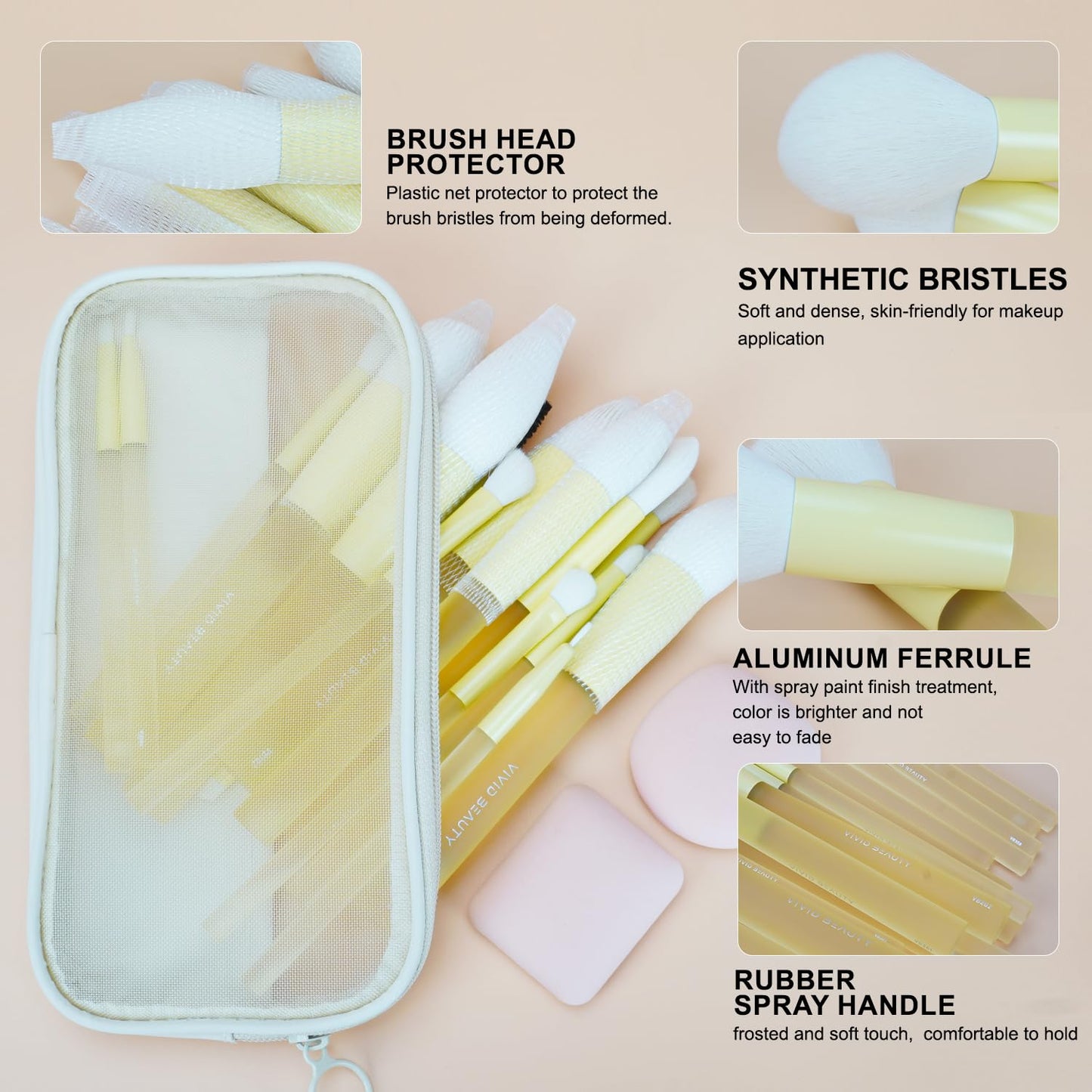 Yellow Make up Brush Set – 18PCS Makeup Brushes for Powder, Foundation, Eyeshadow – With Rubber Coated Handles, Painted Aluminum Ferrules, Travel Bag & 2 Makeup Sponges– For Women & Beginners