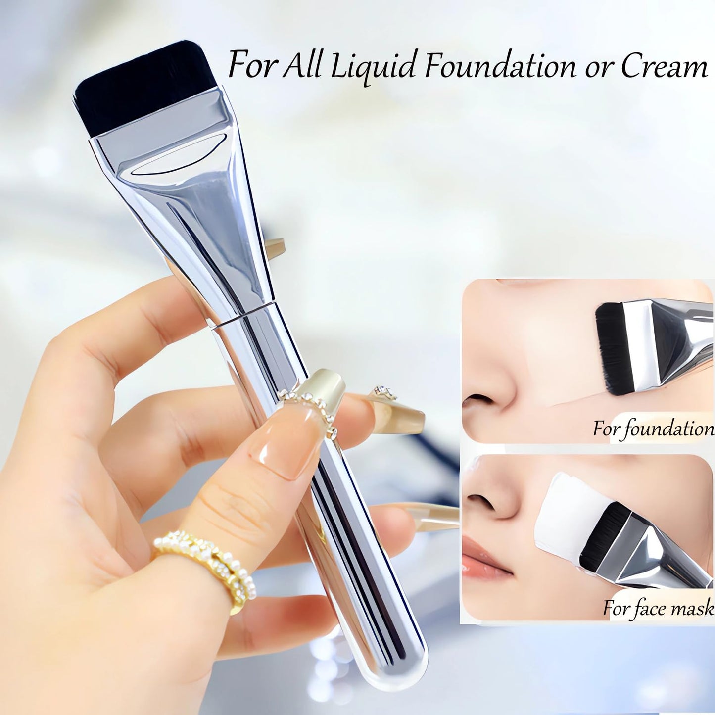 Flat Spatula Foundation Brush Non-Absorbent Ultra-Slim Kabuki Brush Spatula Brush for Foundation Blending Liquid, Cream or Flawless Makeup Application with 2 Puffs